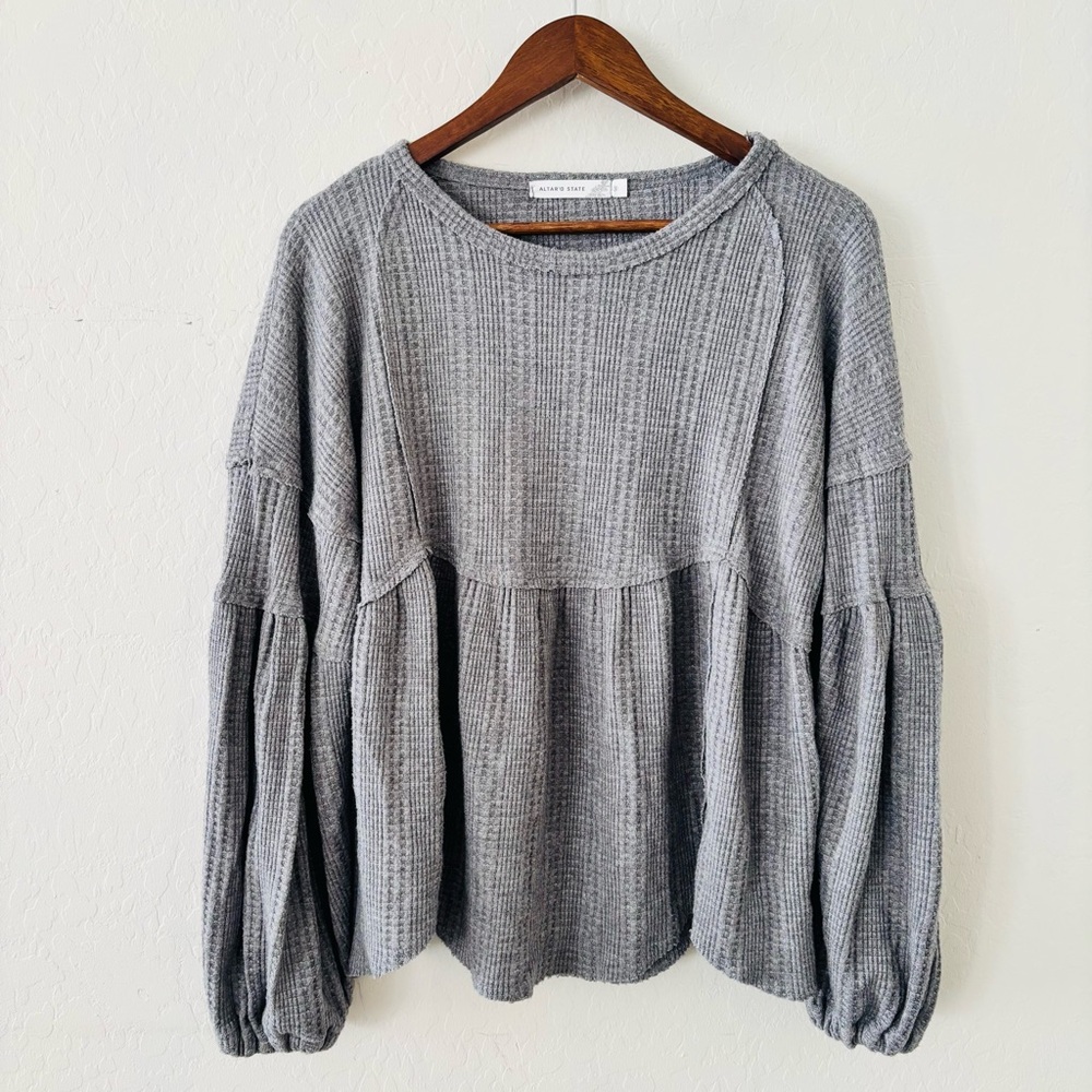 Altar’d State Gray Waffle‎ Knit Babydoll Top Women’s Size Small Y2K Long Sleeve